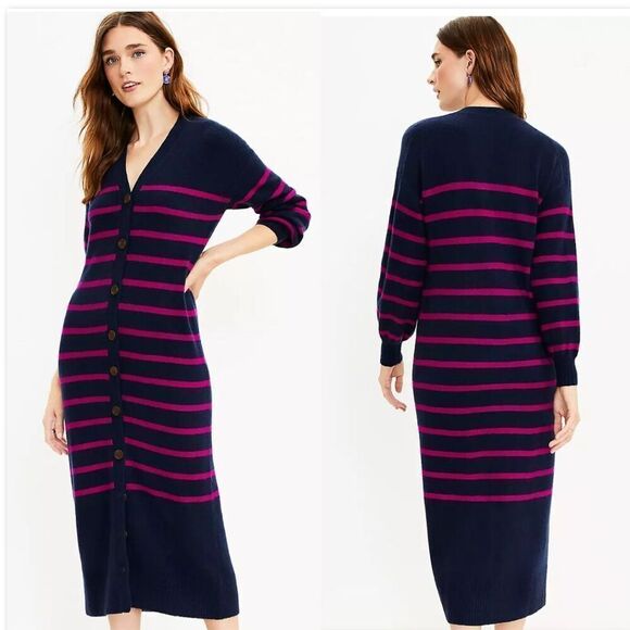 LOFT Long Cardigan Sweater Dress Women's Large Pink Navy Striped Knit Button Up - Picture 2 of 16
